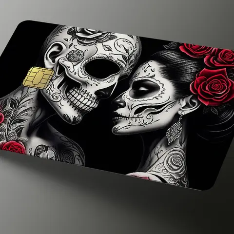 Day of the Dead Romance Vibrant Credit Card Skin - Premium Vinyl Customizable Stickers, Card Sticker Cover, Water Resistant, UV Resistant, Long Wear, Bubble-Free Fit, Easy Application, USA-Made, Protects from Wear and Tear, Love & Tradition