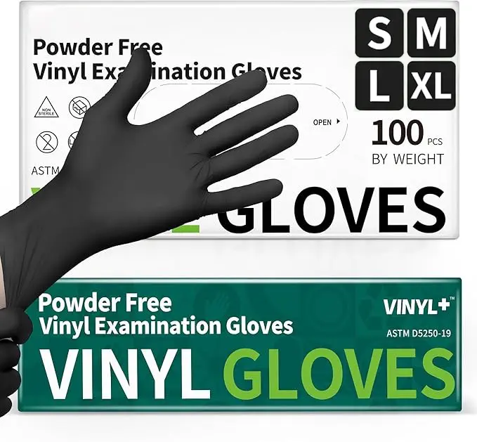 100Pcs Disposable black PVC gloves, Disposable cleaning gloves, Disposable thickened gloves, Household cleaning gloves, Vinyl disposable gloves, specifically designed for kitchen users and suitable for all four seasons