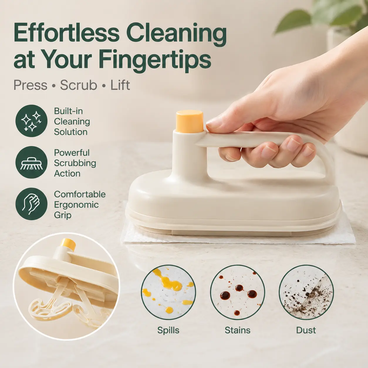 1 Count Cleaning Brush with 50 Replaceable Cloths, Handheld Press Design for Kitchen Countertop Stain Wiping Household Daily Cleaning
