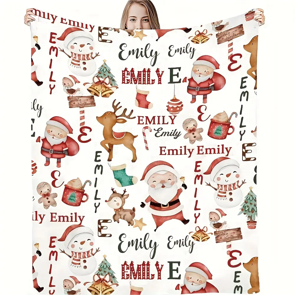 1pc Personalized Christmas Santa Claus Blanket - Custom Name "Emily" Festive Holiday Throw with Snowmen, Reindeer & Gifts, Soft Flannel for Sofa, Bed, Travel & Office Use, Holiday Gift Blanket |   Vibrant Print |   Allseason Comfort