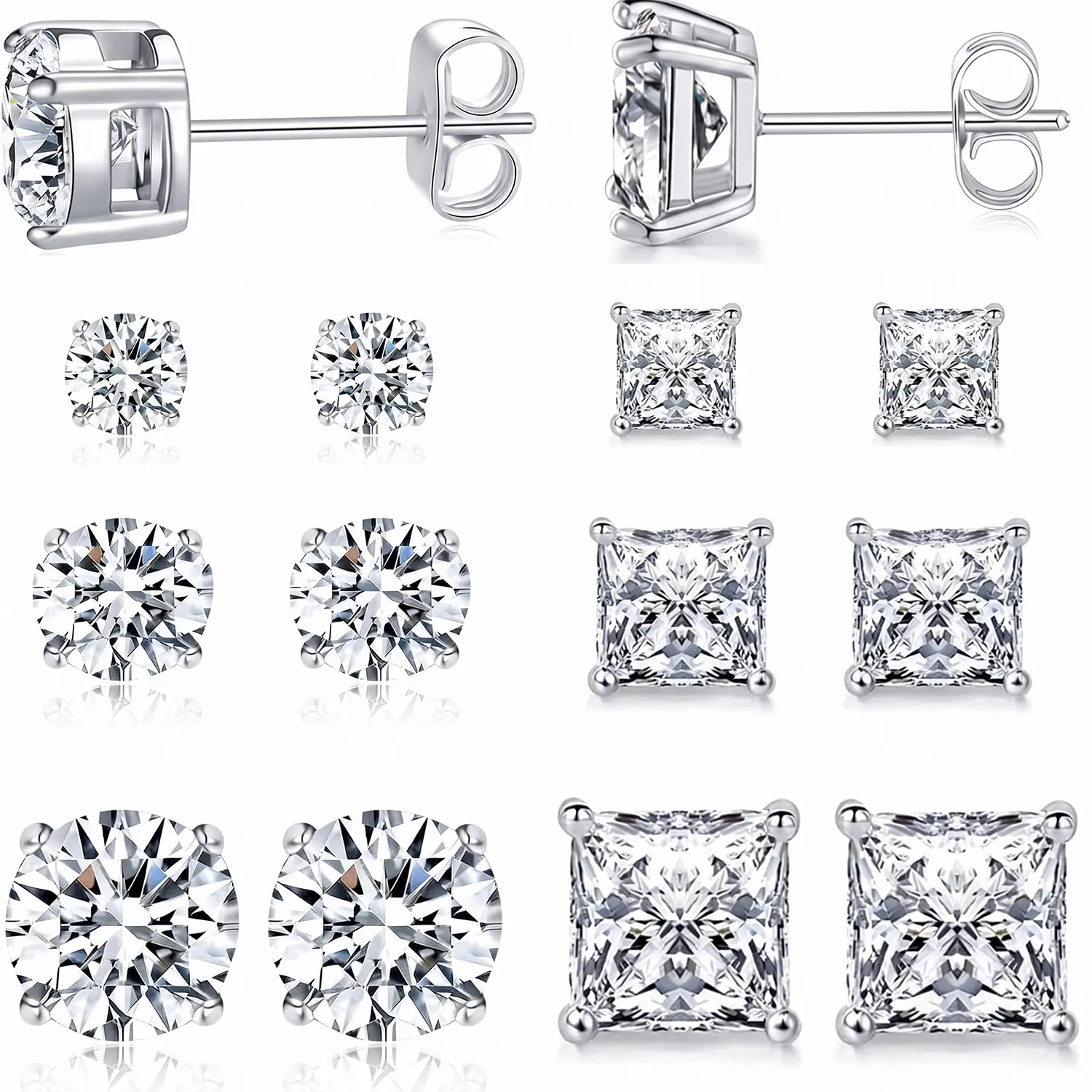 6 Pairs Stud Earrings for Men Women, 3mm/5mm/7mm Princess & Round Cubic Zirconia Earring Set Hypoallergenic Stainless Steel Earring Jewelry Gift for Women Men