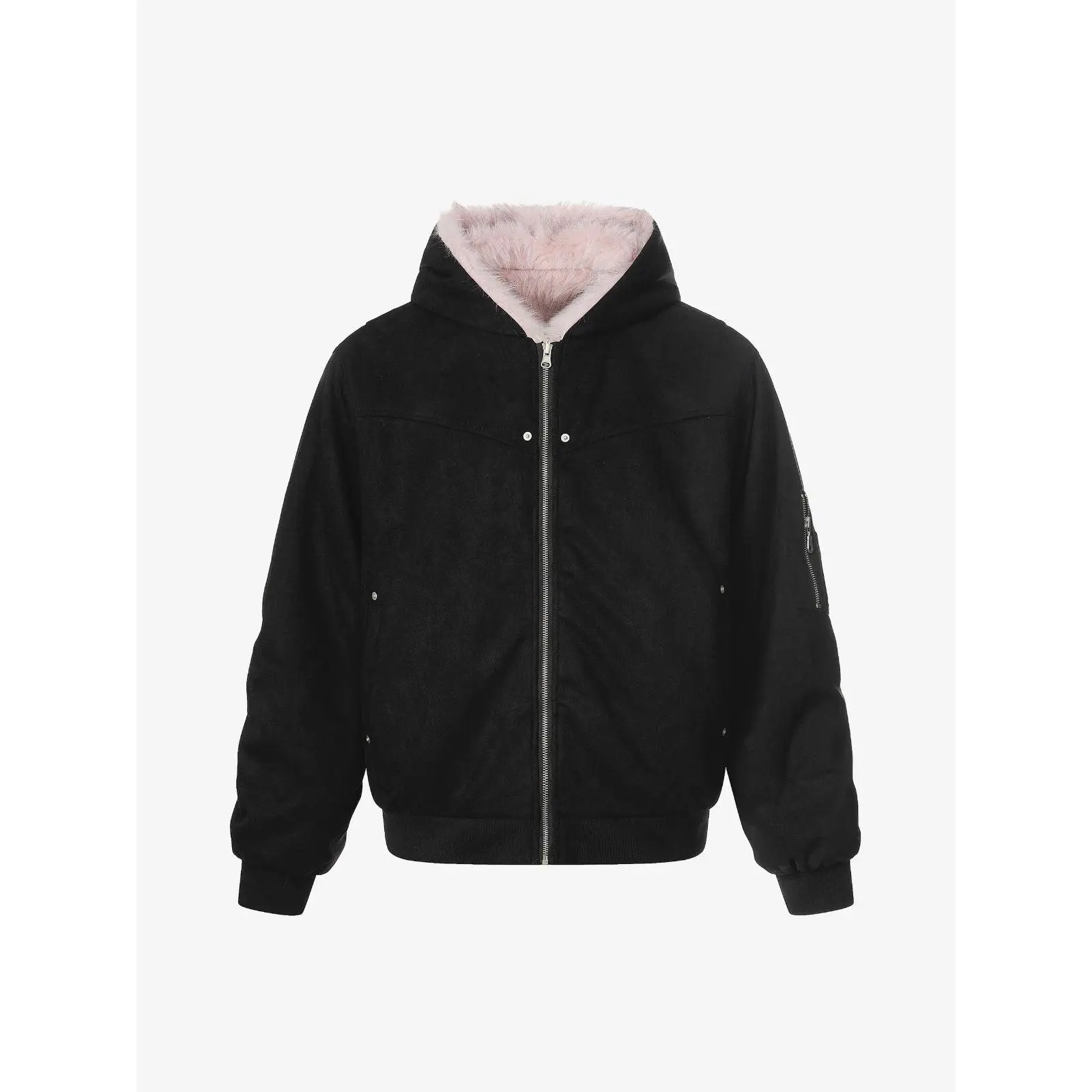Thesupermade Men's Casual Ribbed Fur Reversible Detachable Hooded Coat - Front Zipper, Ribbed Cuffs, Clothes, Outdoor Menswear Tops & Jackets - 2493