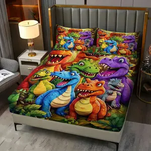 3 pcs Jurassic Dinosaur World Printed Children'S Bedding Set, Dinosaur Theme, Cartoon Dinosaur Pattern Fitted Sheet Set, Suitable for Kids' Bedroom Decoration, Soft and Comfortable, Including 1 Fitted Sheet and 2 Pillowcases