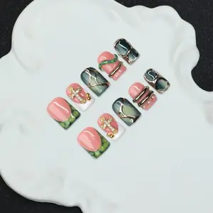 Handmade square nail tip set, French border, asymmetrical liquid metal, cross, beads, snake skin elements, Y2K Baddie style, perfect gift for parties, weddings, and daily wear, comes with a tool kit, excellent gift, handmade nail products