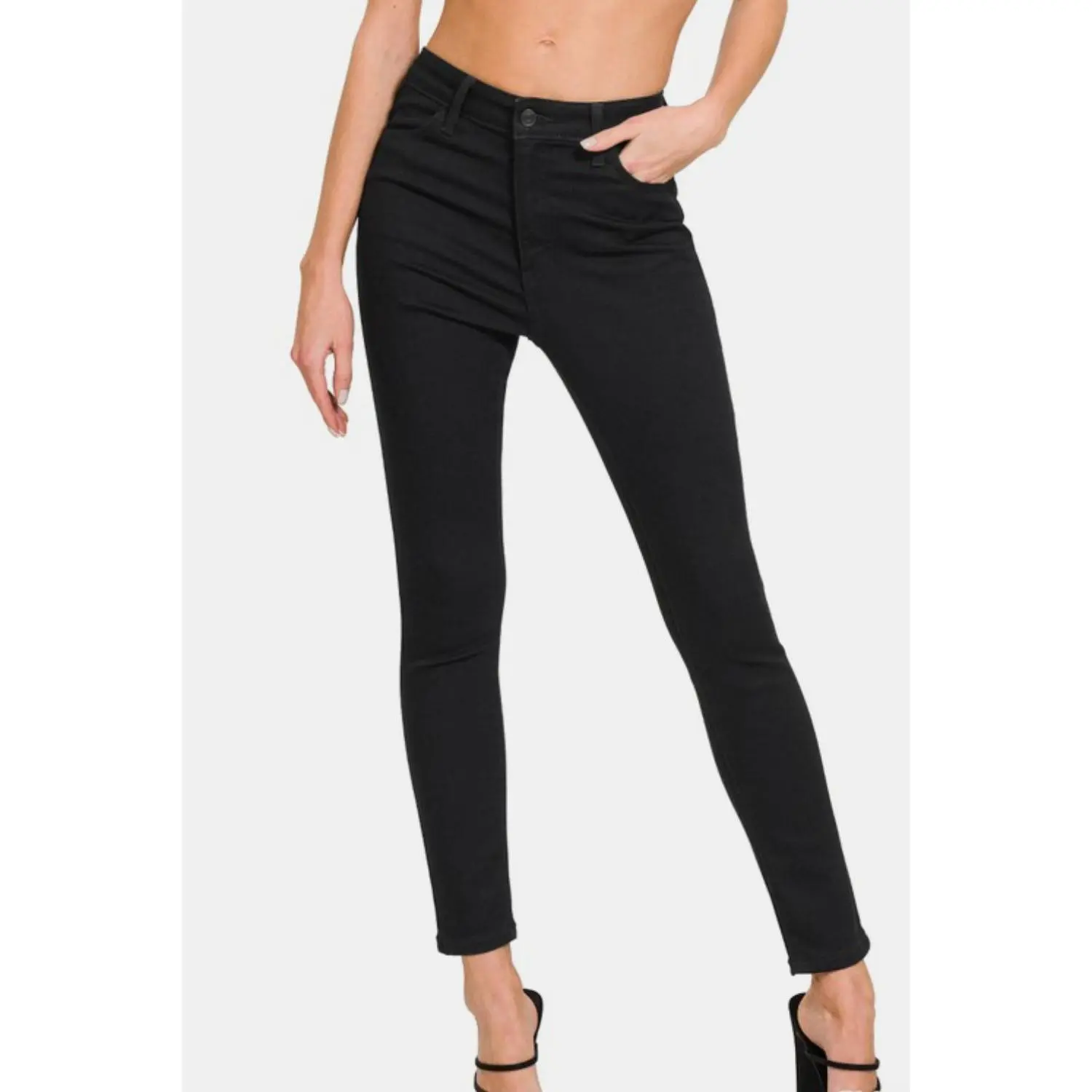 Zenana High Rise Skinny Jeans with Pockets Denim Blue Waist Basic Pants Womenswear Bottom Casual Spandex Comfort Streetwear