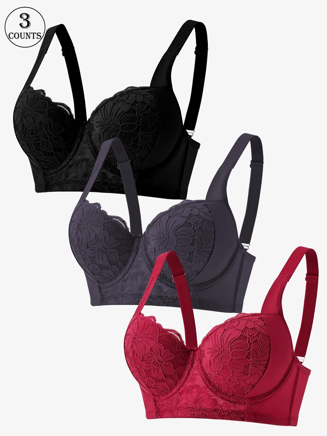 3/4/5 Pack/ 6 colors lace seamless push-up bra, Breathable comfy bra, with underwire, adjustable wide straps, three-row four-hook back design, breathable and skin-friendly fabric, Enchante lace bra. Suitable for work, dates, home