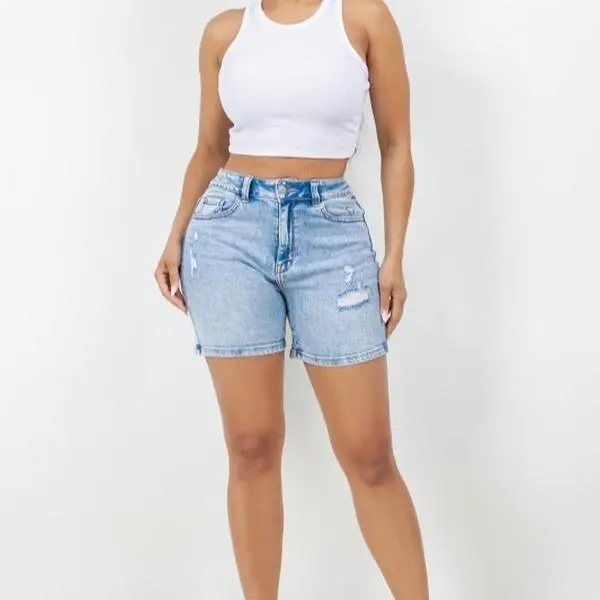 Paola98-ACID WASH DESTRUCTED HIGH RISE MIDI SHORTS 95% COTTON, 4% POLYESTER, 1% SPANDEX