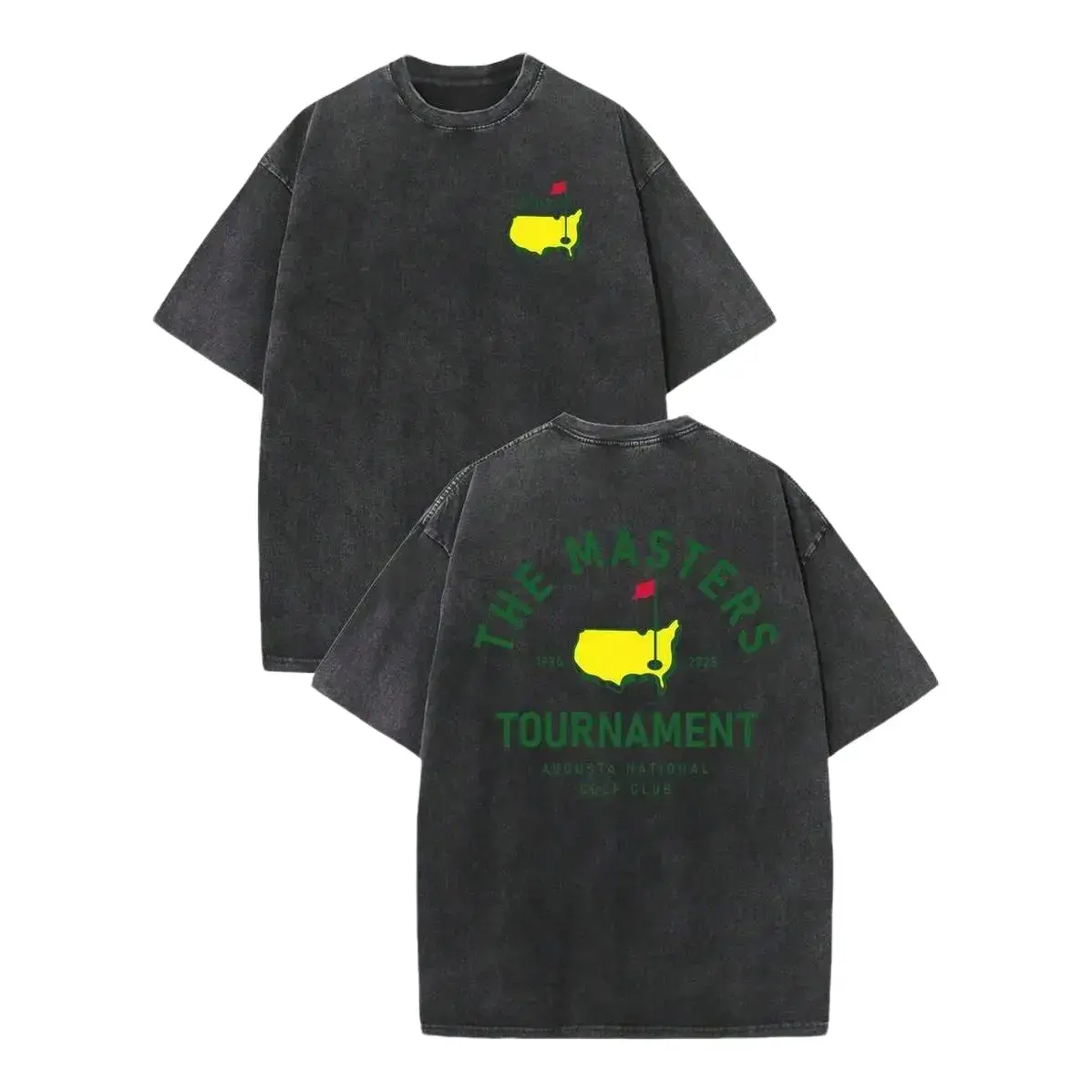 Menswear "The Masters" Graphic Golf Pattern Washed Cotton Short-Sleeve Casual T-Shirts, Streetwear Comfortable Summer Tops for Retro Street & Outdoor Sports Crewneck Tshirt