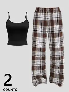 Women's Casual Chic Halter Top & Plaid Pants Set, Loose-Fitting, Perfect for Daily Wear at Home Everyday, Multiple Styles Available