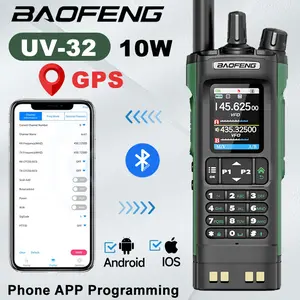 BAOFENG UV32 Long Range Ham Radio 10W High Power GPS Bluetooth APP Programming 1000CH Portable Rechargeable Wireless Copy Frequency Handheld Two Way Radio for Outdoor Sports Hiking Hunting Survival Gears Black Green
