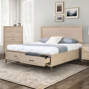 Sandnes Light Oak Wood Platform Bed with Storage – Transitional Style By FOA