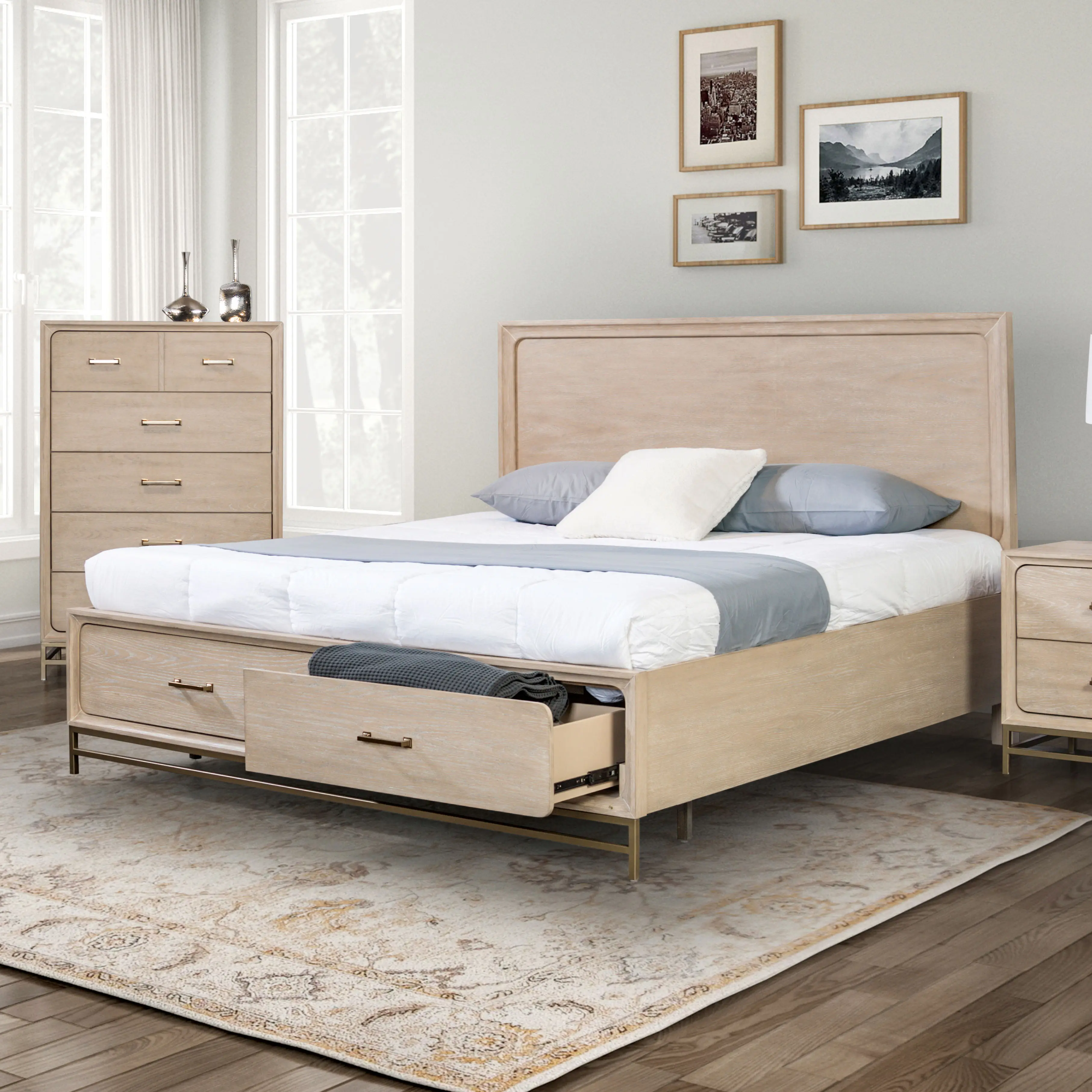 Sandnes Light Oak Wood Platform Bed with Storage – Transitional Style By FOA