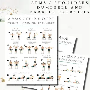 Room Decor 3pcs Full Body Weight Training Exercise Guide, Barbell & Dumbbell Workouts, Arms/Shoulders, Legs/ABS, Gym Routine for Men, Unframed Paper Fitness Charts, 8x10 inches