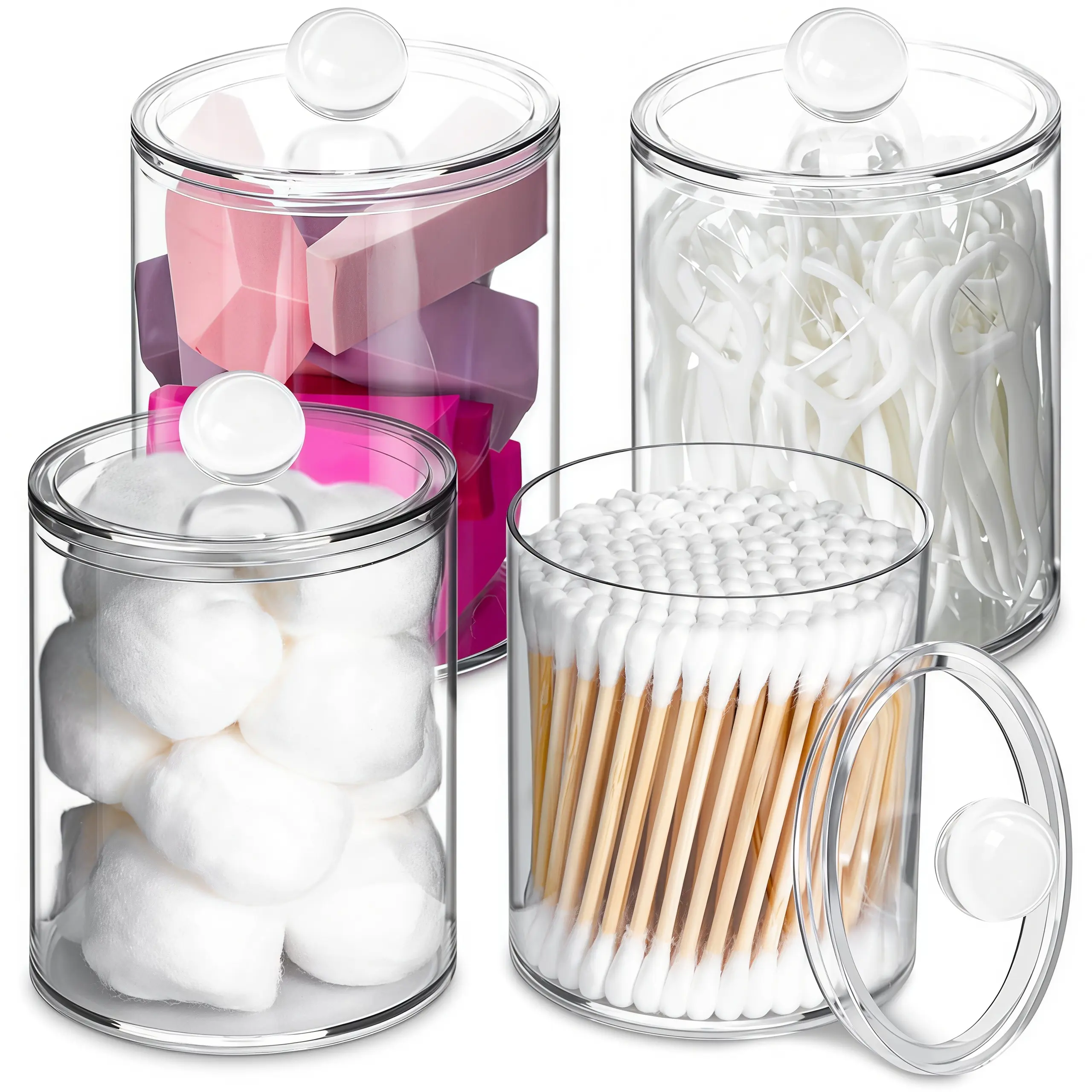 LMMAKE 4PCS Durable Transparent Apothecary Canister Qtip Holders - 10oz Stackable Plastic Storage Jars with Lids, Portable Vanity Organization Can Holder Cosmetic Organisers for Cotton Supplies (Restroom),back to school,back to school haul