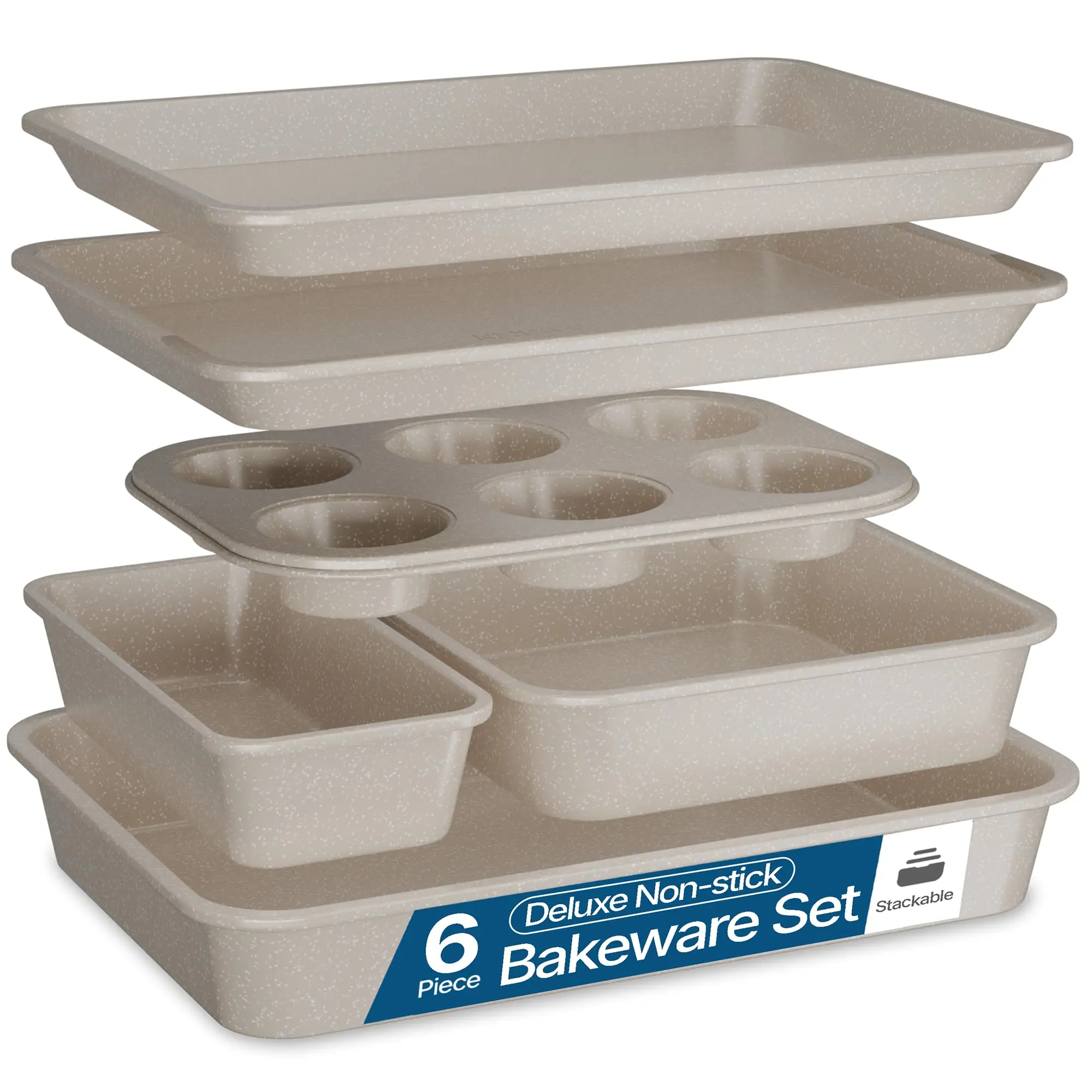 BAKKEN Nonstick Carbon Steel Bakeware Set - 6 Piece Kitchen Baking Trays, Non Toxic Stackable Oven Pans Bundle with Cookie Sheets, 6 Cup Muffin, Roaster, Square Cake, and Loaf Pan for Bread White Marble