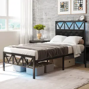 Upholstered Twin-Full Bed Frame with Headboard, Full Size Bed Frame with Storage Shelves, Charging Station, LED Lights, Heavy-Duty Metal Slats, Noise-Free Design, Easy Assembly, Modern Space-Saving Indoor Furniture summerwins, Bed Frame Full Bed