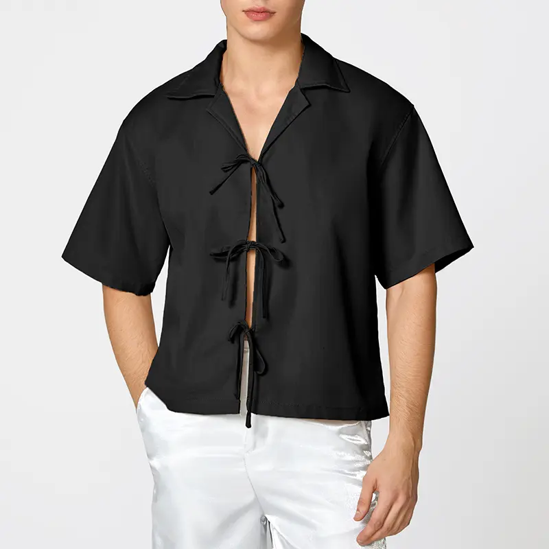 INCERUN Menswear Polyester Basic Short-Sleeve Collar Lace-Up Blouse Shirt - Summer Holiday Casual Simple Solid Tops