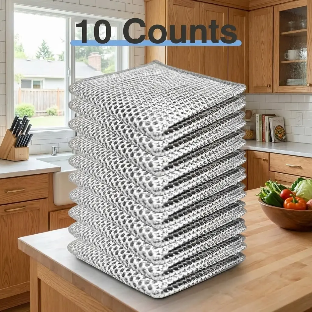 Non-Scratch Wire Dishcloth, 10 Count Reusable 2-Layer Metal Scrubber Cleaning Cloth for Wet & Dry Cleaning, Pots, Dishes, Sinks, Cooktops & Household Items Wipe