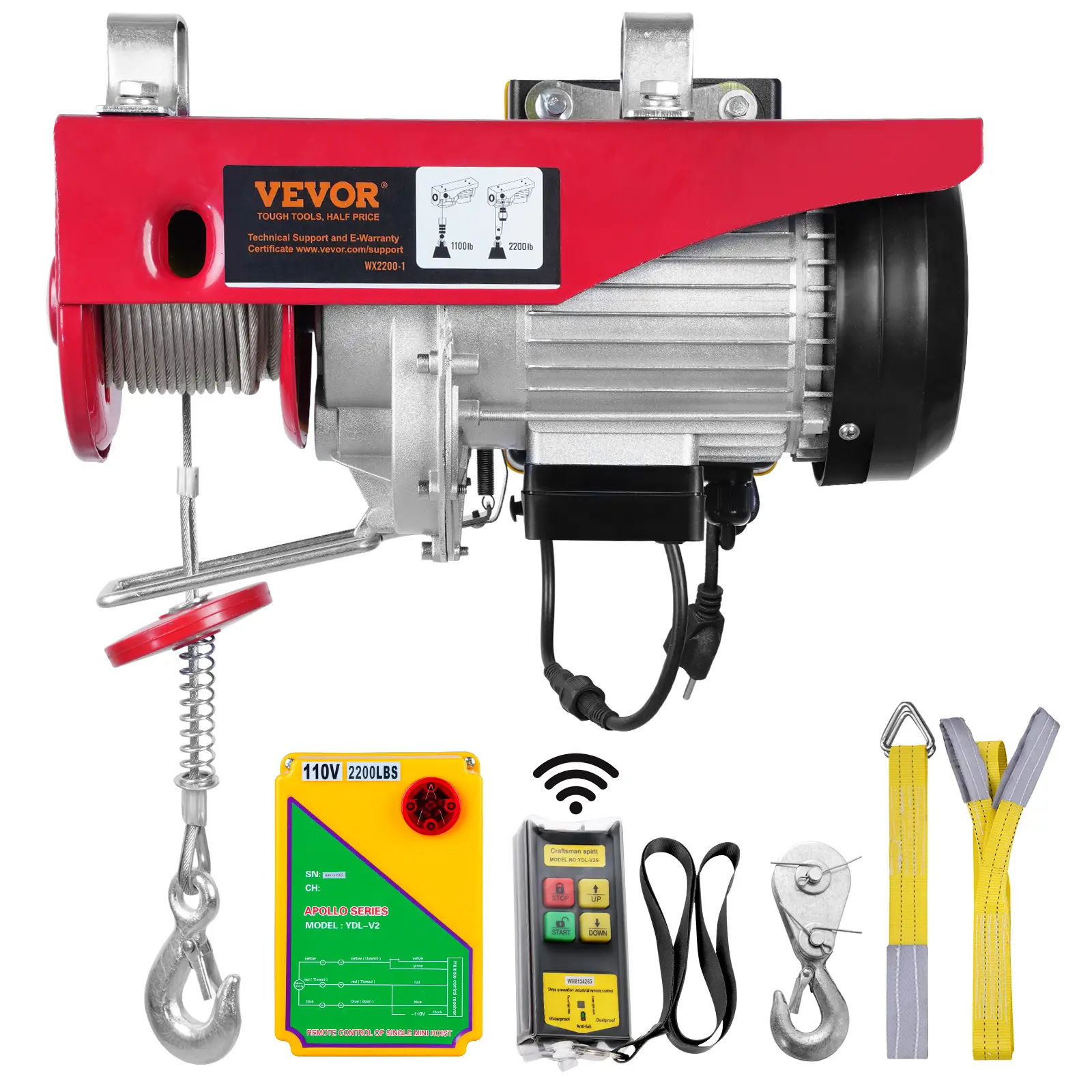 VEVOR 2200 lbs Wireless Attic Lift Electric Hoist, 1600W 110V Pure Copper Motor, 40ft Single Cable Lift Height, Wireless Handheld Remote, AC Power, Ceiling Mount, Emergency Brake, Metal Hoist for Factory, Garage Use with Home Decor