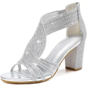 Women's Rhinestone Sparkly Chunky Block Heel Sandals Open Toe Dressy Shoes with Zipper Closure for Wedding Prom Homecoming Hoco Formal Events