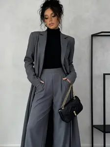 Two piece women's casual long suit jacket and pants set, Solid Color Blazer, suitable for autumn and winter, suitable for home, indoor, and outdoor wear