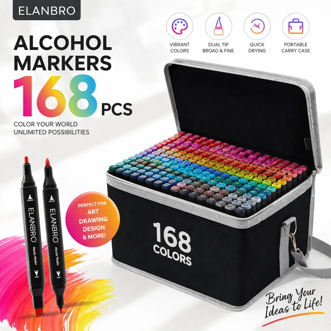 ELANBRO Ultimate 168/80 Color Alcohol Art Markers Set with Dual Tip Fine & Broad Chisel for Professional Drawing Illustration Fast-Drying Ink Studio-Ready Case