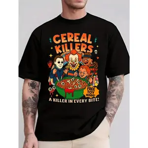 Monawear Men's 100% Cotton Cereal Killer Horror Movie T-Shirt - Funny Killer Cereal Box Design with Freddy Krueger, Jason & Chucky - Short Sleeve Casual Tee for Halloween Costumes & Horror Fans (Machine Washable)