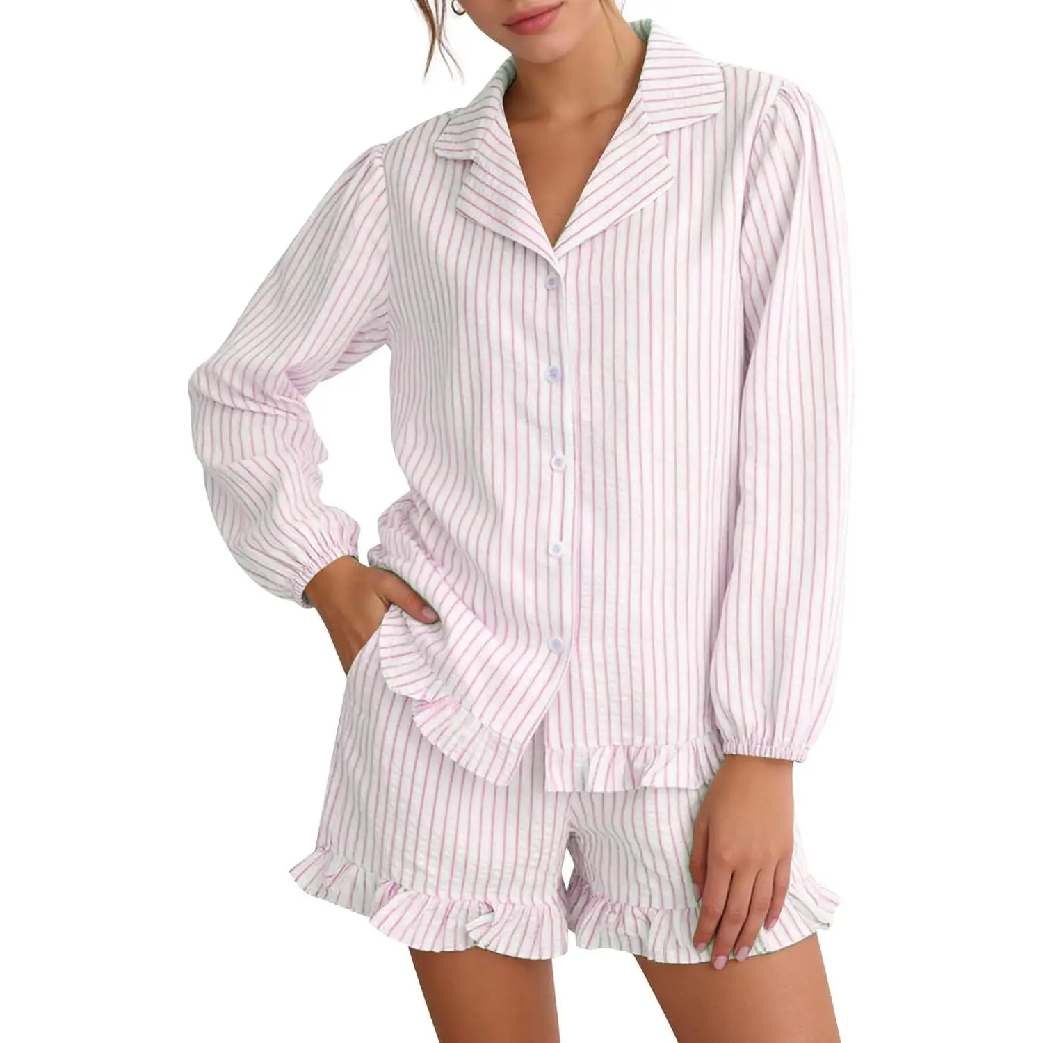 Women's Cute 2-Piece PJ Set, Striped Seersucker Casual Loungewear with Long Sleeve Ruffle Shirt and Shorts, Pajama Sets Women, Two Piece