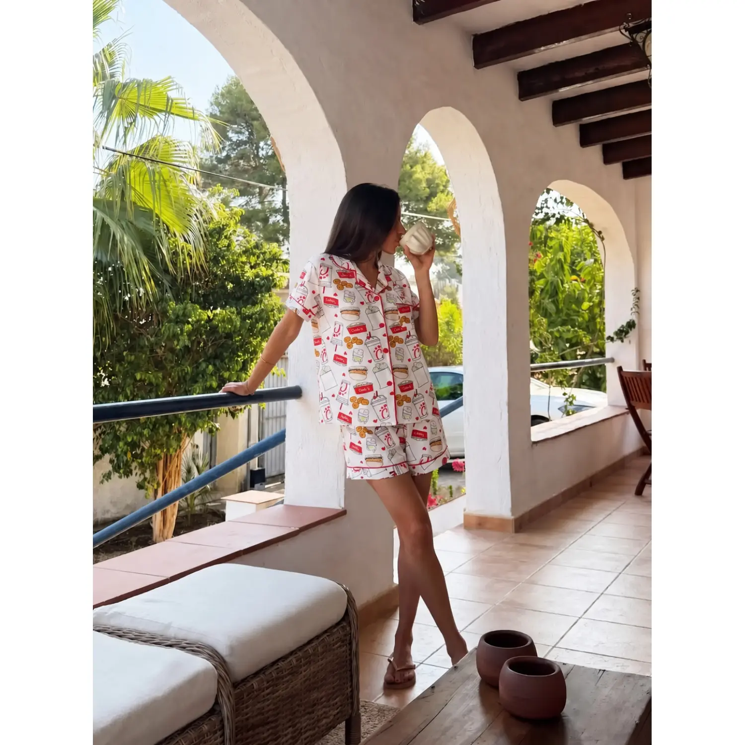 Women's Fun Cartoon Pajama Set, American Style Loungewear, Full Print Short Sleeve Button-Up Top, Loose Comfy Shorts, Casual Sleepwear