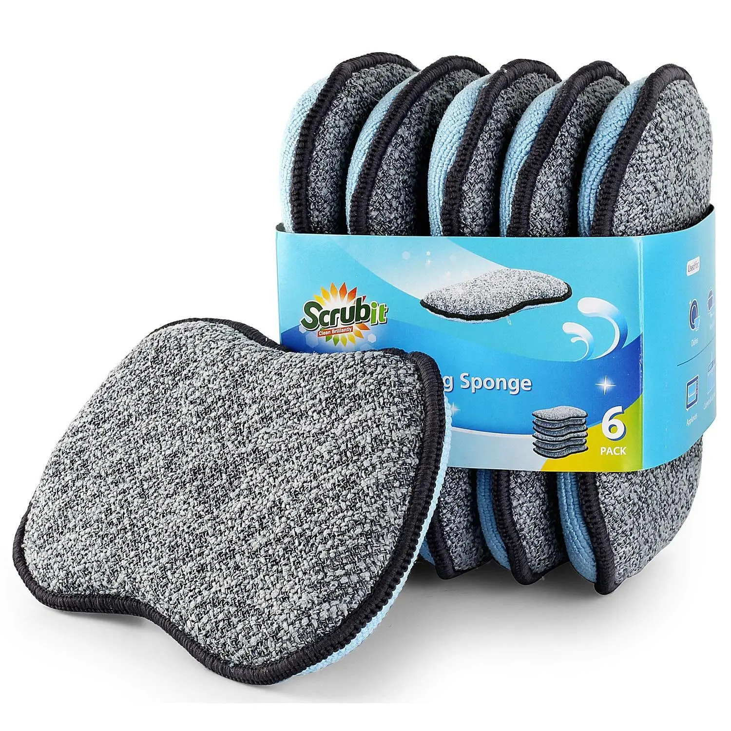 Dual Action Scrub Sponges for Kitchen - Pack of Six - Non-Scratch Microfiber Soft Side and Heavy Duty Scrubbing Side - Effortless Cleaning of Dishes, Pots and Non-Stick Pans