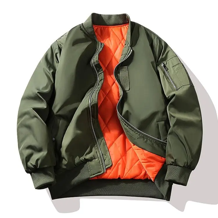 Men's Vintage MA1 Air Force Flying Jacket - Long Sleeve Plain Casual Polyester Woven Male Clothing, Fall Winter Machine Washable Coat, Fitted Cut, Zipper, Front Zipper