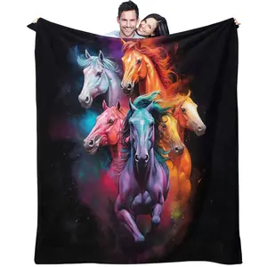 Colorful galloping horse pattern, soft, warm and lightweight plush blanket, suitable for beds, sofas, cars, room decoration and gifts, suitable for children and adults, 1 single-sided printed blanket