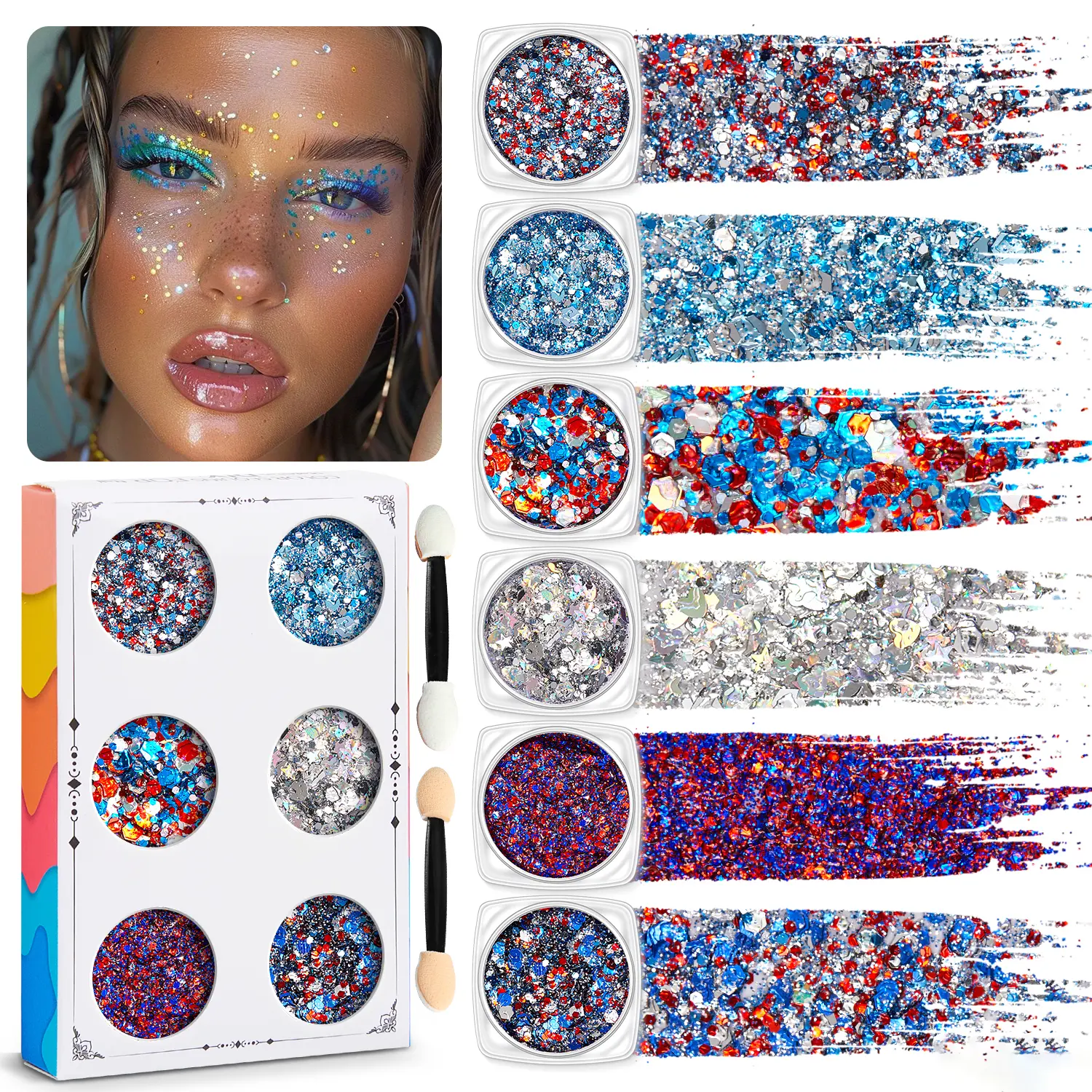 Halloween Body Glitter Gel Set, 6-Piece Red White and Blue Face Glitter, Halloween Makeup Essentials for Kids and Women, Sparkly Hair and Body Glitter for Costume Parties, Cosplay, Festivals and Soccer Games, Waterproof