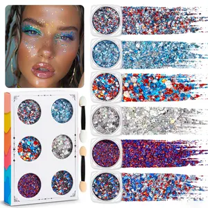 Body Glitter Gel, 6 Shape Red White and Blue Face Glitter, 4th of July Accessories Hair Glitter for Kids, 4th of July Outfits USA Accessories for Women, Blue Face Glitter for Independence Day And Soccer Game waterproof makeup