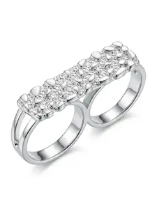 14k Silver Plated Stone Two-Finger Ring, Unisex Design, Perfect for Valentine's Day, Dates, Daily Wear, Stylish and Versatile Jewelry