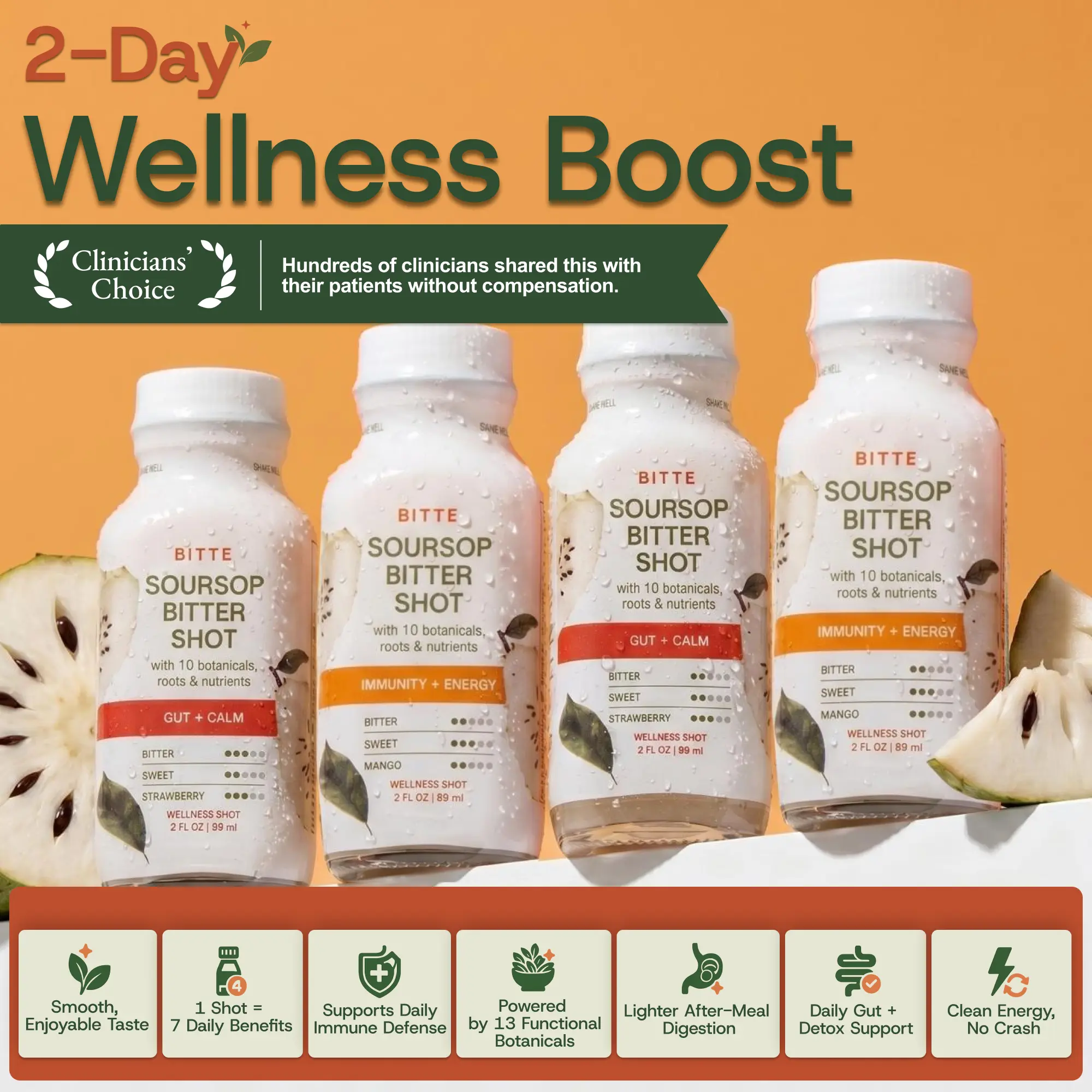 BITTE Soursop Bitters Bundle – 4 Shots, AM Energy + PM Calm | Immune Defense, Daily Energy, Anti-Bloat & Stress Relief | Soursop