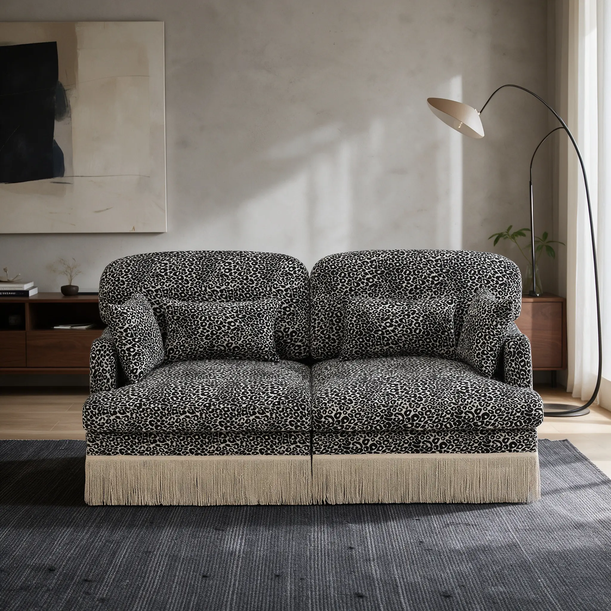 Comfy Leopard Print Chenille Loveseat, Modular Sectional Couch with Delicate Tassel Edge, Ergonomic Deep Seat, Easy Assembly for Living Room | Stylish Home Furniture