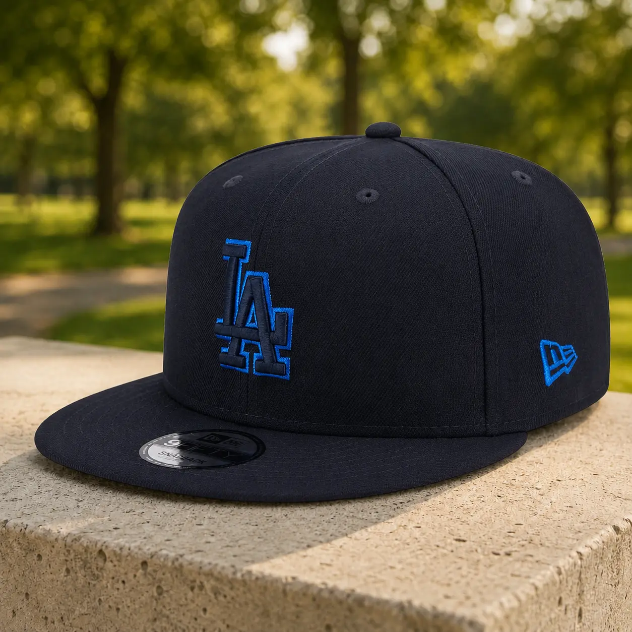 Los Angeles Dodgers Black Snapback Hat Outdoor Park Display | Royal Blue Embroidered LA Logo Flat Brim Sports Cap | Unisex Streetwear Fan Gear
