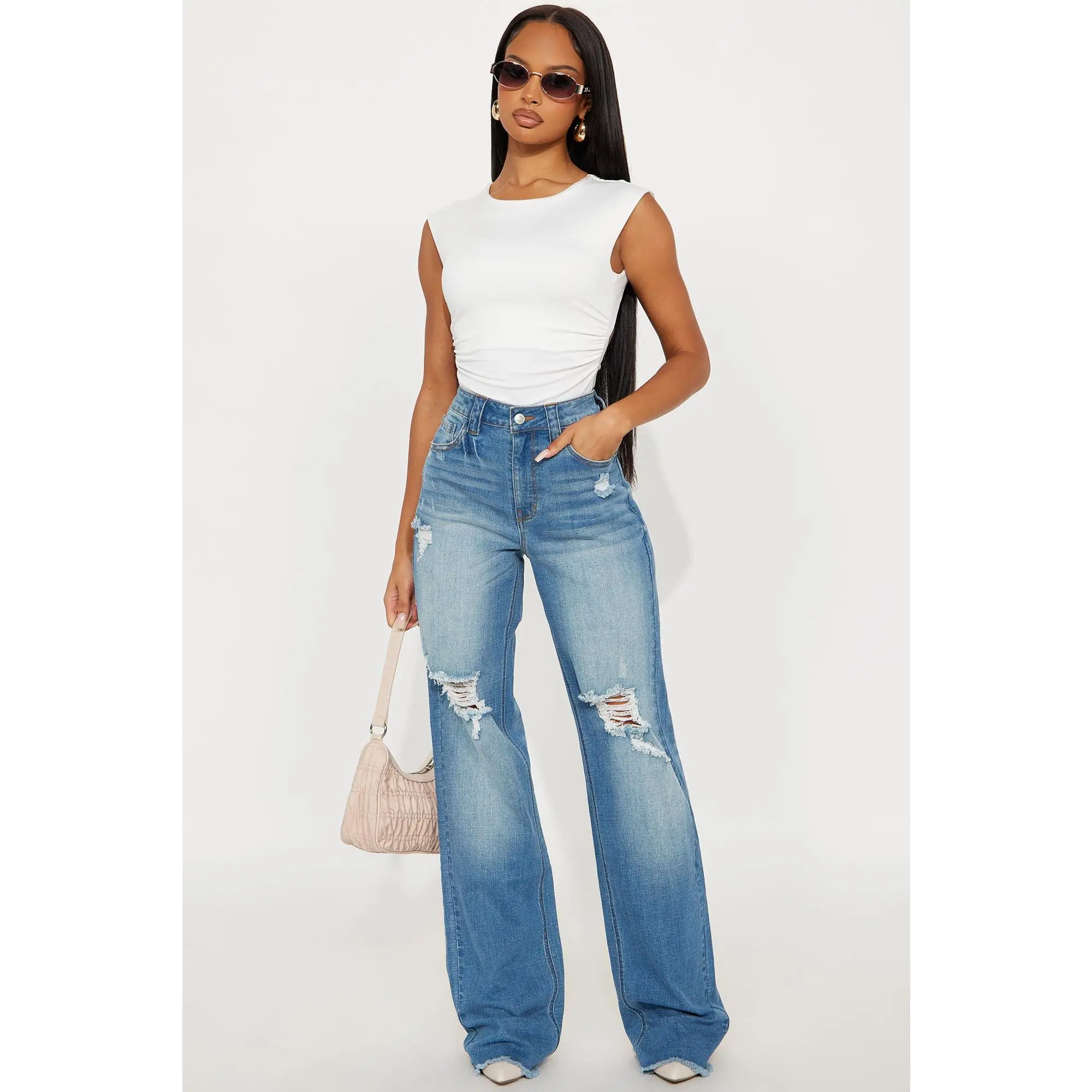 Tall Coldwater Canyon Stretch Ripped Wide Leg Jeans - Medium Wash