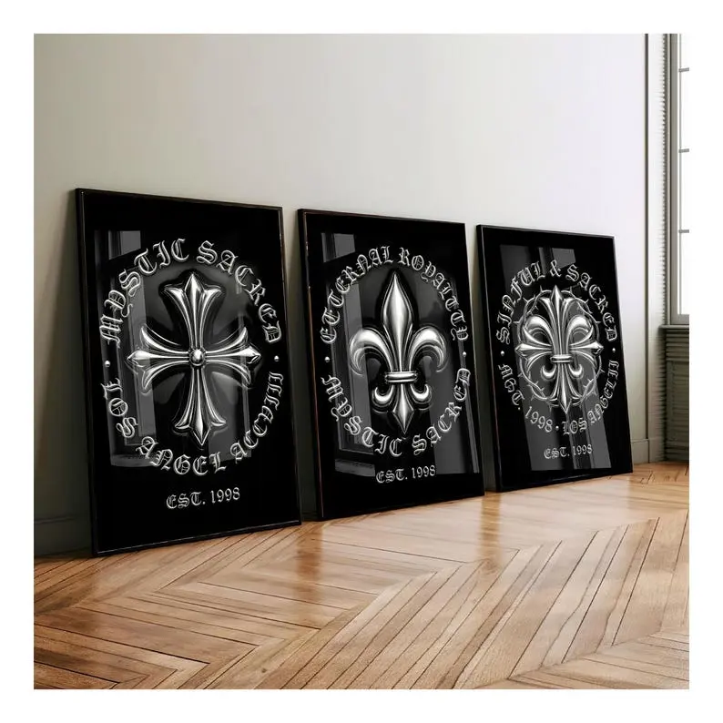Hypebeast Chrome Hearts Wall Art Poster Print Unframed Set of 3, Fleur De Lis Luxury | Y2K Room Decor| Black Silver Gothic Cross Art, Horseshoe Print
