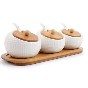 Porcelain Condiment Jar Spice Container with Lids - Bamboo Cap Holder Spot, Ceramic Serving Spoon, Wooden Tray Best Pottery Cruet Pot for Your Home, Kitchen, Counter. White,170 ML (5.8 OZ), Set of 3
