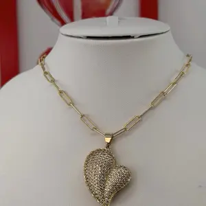 (7)(1) 14K Gold Plated Heart Pendant with Rhinestone for Women with 22in Link Chain