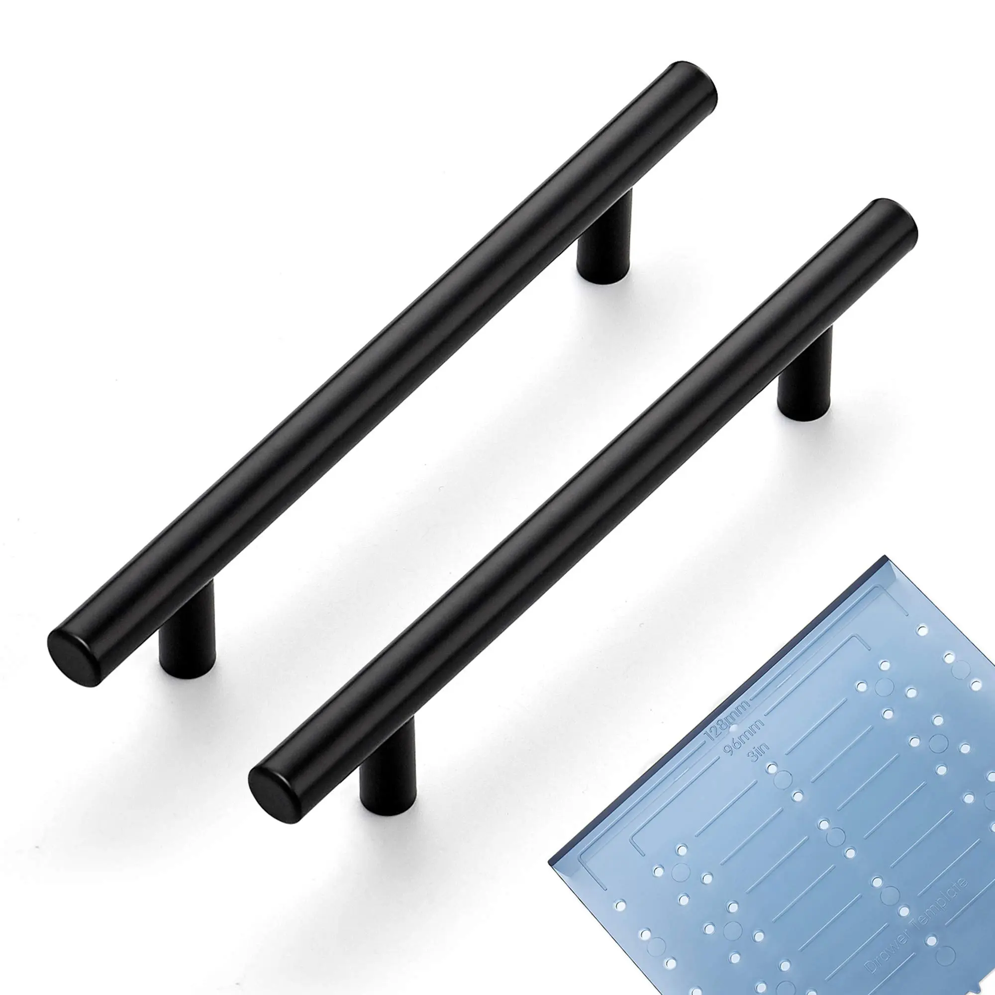 Ravinte Matte Black Stainless Steel Cabinet Pulls - 128mm Total Length, Specific Diameter Kitchen Drawer Handles with Mounting Template