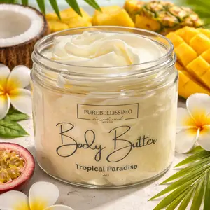 PureBellissimo Whipped Body Butter Tropical Paradise 4oz Luxurious Moisturizing Cream with Exotic Fruits for Soft Skin
