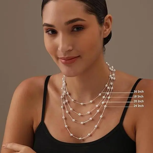 LeCalla Women's 925 Sterling Silver Station Necklace with Italian Pearl Beads, 18in Elegant Lightweight Daily Wear Fashion Jewelry for Gifting, 18 Inches