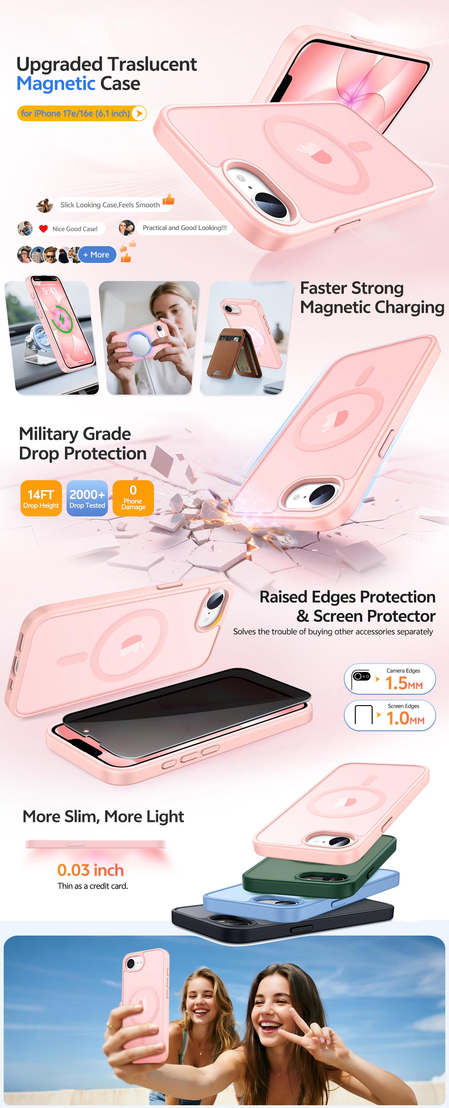 Magnetic for iphone 17E/16E Case Matte, with Privacy Tempered Screen Protector, 17E/16E Phone Case Compatible with MagSafe Frosted Translucent Shockproof Anti-Scratch Slim Fit Case Military Grade Protection (Pink)