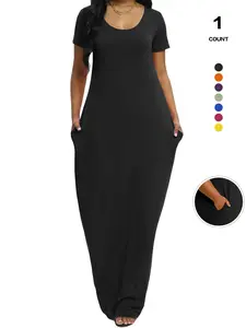 Plus Size Women's Solid Color Dress, Casual Wear, Sexy Round Neck Short-Sleeved Long Dress, European and American Summer New Arrival, Casual Style
