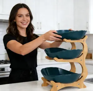 Kitchen Life 3-Tier Fruit Bowl Plate Set with Bamboo Stand Countertop Organizer for Fruits Snacks Vegetables Modern Aesthetic Centerpiece for Dining Table Parties