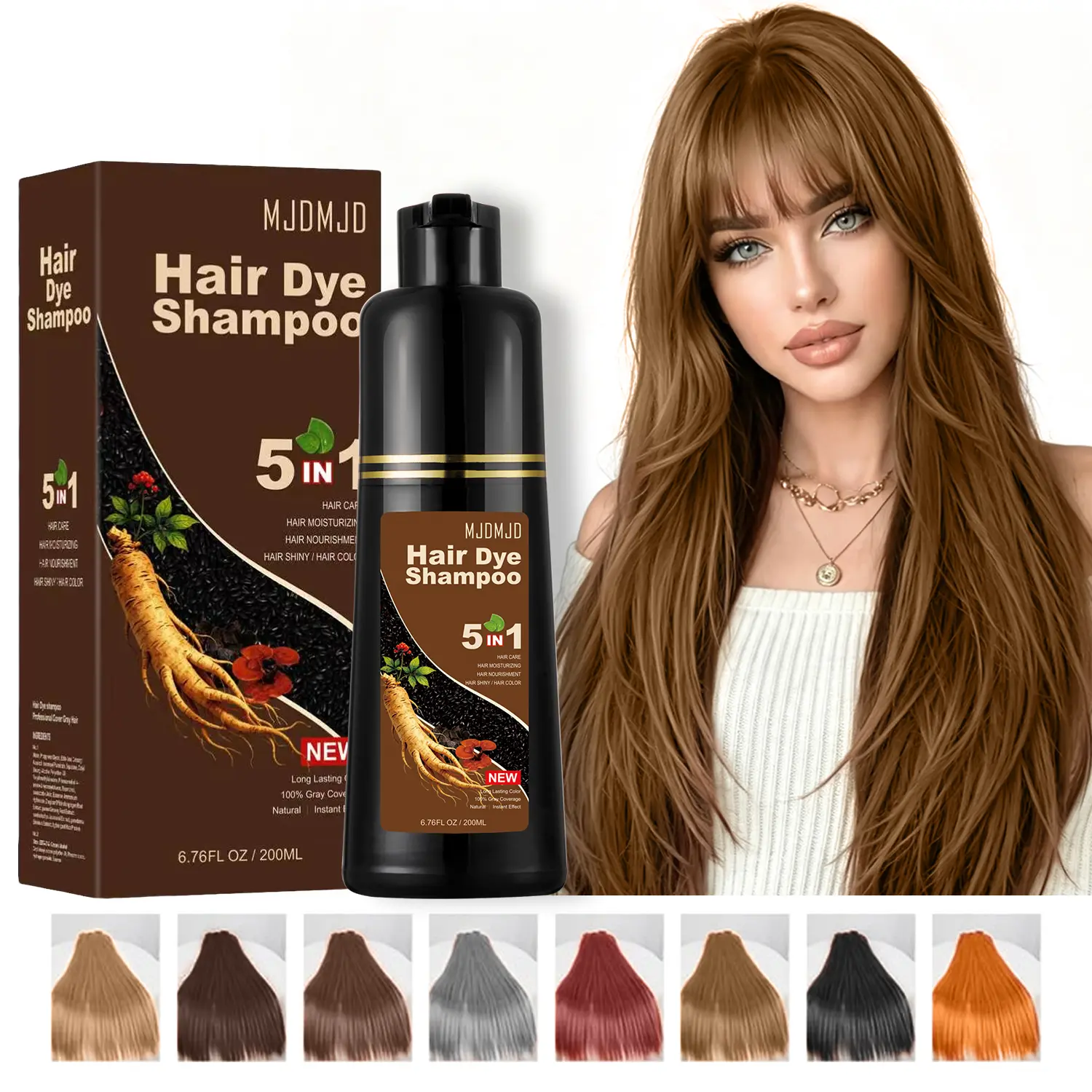 MJDMJD Light Brown Hair Dye Shampoo 5-in-1 200ml, Natural Herbal Formula Hair Color Shampoo for Gray Coverage, Quick Coloring in 10-15 Mins, Instant & Long-Lasting 3-4 Weeks, Ammonia-Free, Unisex for Women & Men, Champú Para Canas