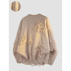 American Style Fall Winter Sweater, Round Neck Fleece Hole Design, Unisex Casual Fashion Knitwear Knit Pullover, Suitable for Daily Wear